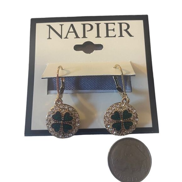 Napier Coin Drop Sparkly Shamrock Earrings in Green, Gold & Clear Pave Crystals - Picture 6 of 6